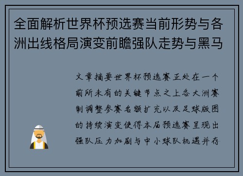 全面解析世界杯预选赛当前形势与各洲出线格局演变前瞻强队走势与黑马机会